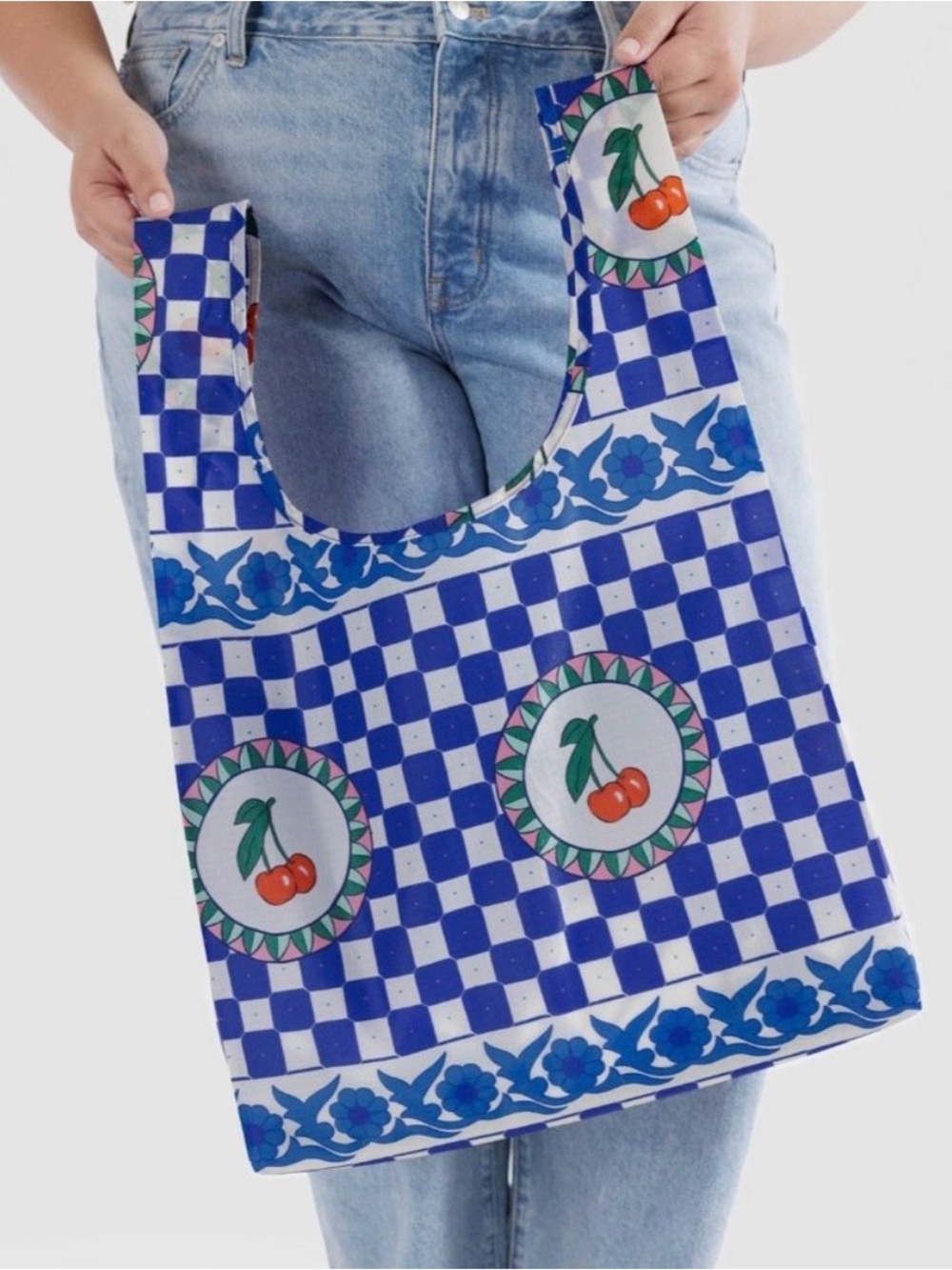 BAGGU Blue & White Checkered Cherry Tote